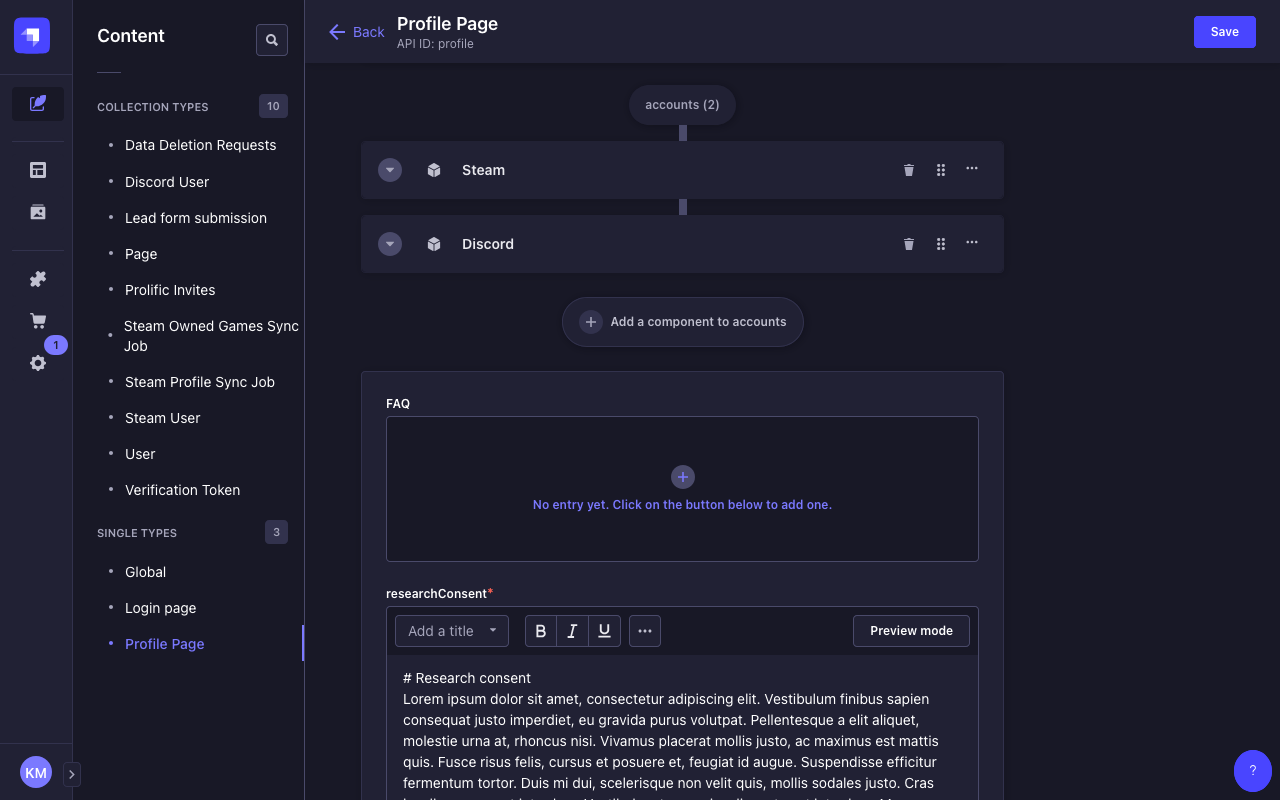 Strapi Profile Page editor